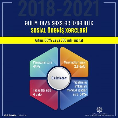 Əliliyi olan şəxslərə illik sosial ödəniş xərcləri son 4 ildə 65% və ya 736 mln. manat artıb