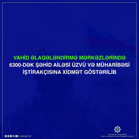 Vahid əlaqələndirmə mərkəzlərində 6300-dək şəhid ailəsi üzvü və müharibəsi iştirakçısına xidmət göstərilib