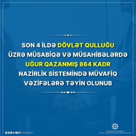 Əmək və Əhalinin Sosial Müdafiəsi Nazirliyi dövlət qulluğu sahəsində işə  qəbul edilənlərin sayına görə ölkə üzrə birinci yeri tutur