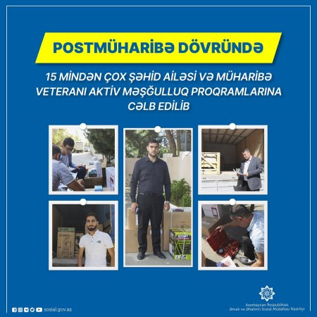 Postmüharibə dövründə 15 mindən çox şəhid ailəsi və müharibə veteranı   aktiv məşğulluq proqramlarına cəlb edilib